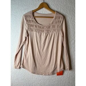 Tankaneo Womens Long Sleeve Smocked Bodice Top Khaki Peach Size M H5N929